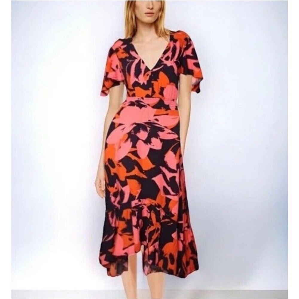 Abel The Label Clare Combo Maxi Dress Flutter Sleeve Smocked Pleated Small